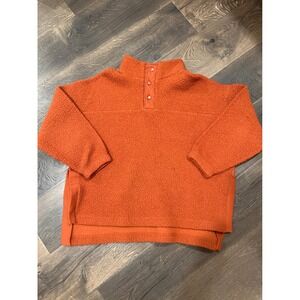 Womens Orange Fleece Pullover Sweater Snap Neck High Neck Cozy XL